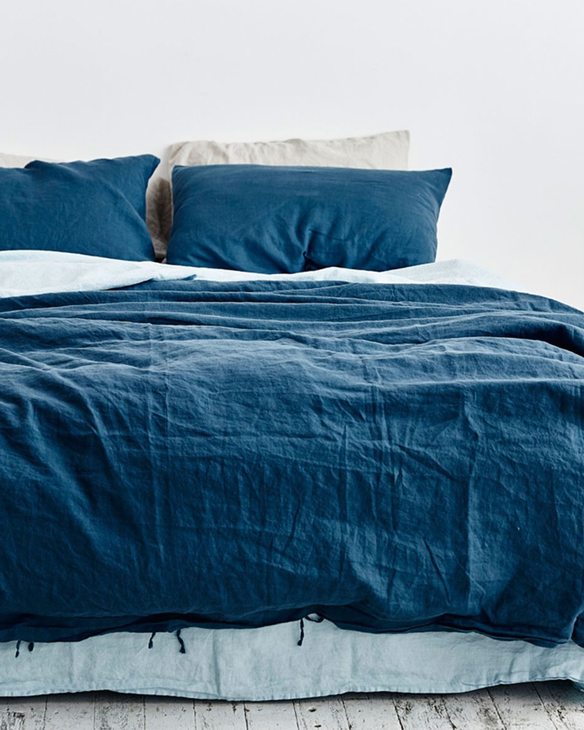 deco bleu canard chambre linge de lit en lin