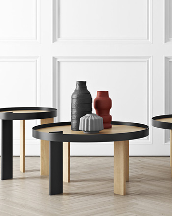 table basse bois ronde placage chêne laquage noir