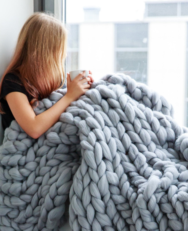 plaid tricot géant laine xxl gris