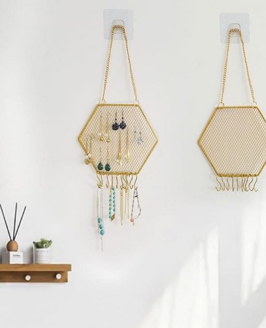 Porte-Bijoux Mural En Bois Avec Trois Zones Fonctionnelles, Support De Porte-Bijoux Mural En Bois Avec Trois Zones Fonctionnelles, Support De