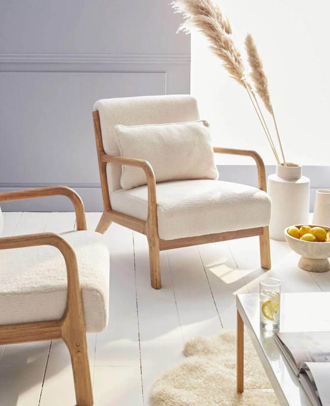 fauteuil cosy bouclette blanc bois