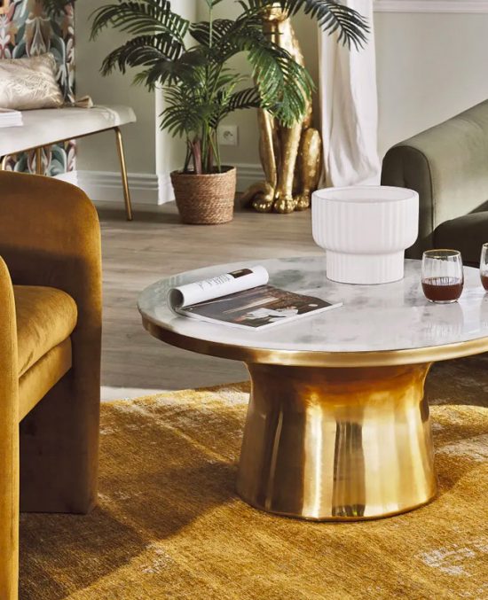 Table Basse Ronde En Bois, Dorée, Unique, Fait Main, 42x37x50 Cm