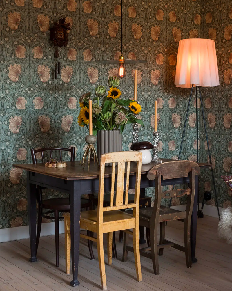 deco salle a manger cottage vintage papier peint William morris vert