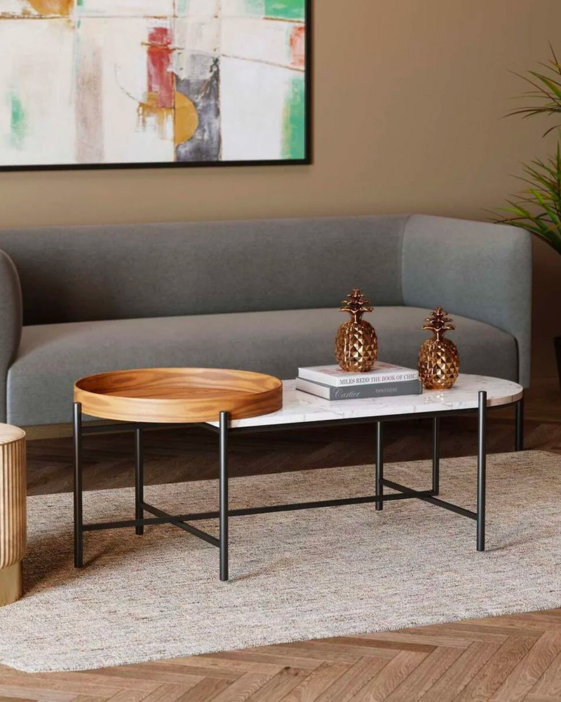 table basse moderne marbre plateau bois