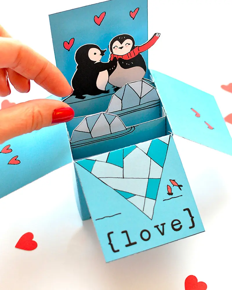 carte Saint Valentin pop up diy pingouin