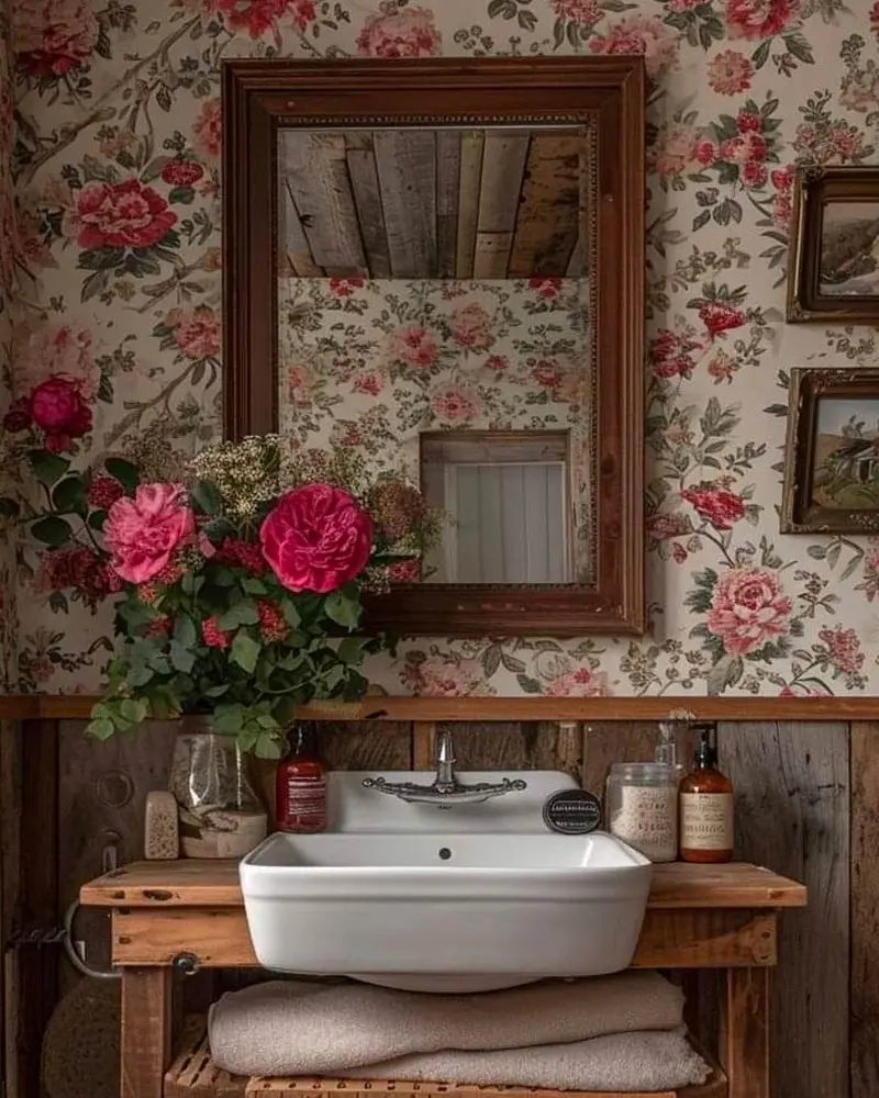 deco salle de bain campagne papier peint floral