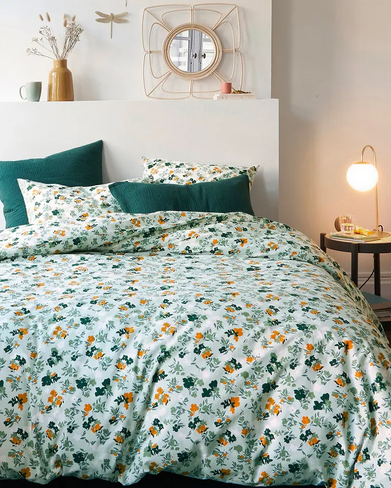 linge de lit motif floral vert