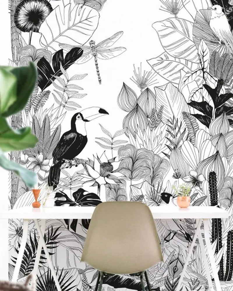 deco bureau scandinave papier peint tropical