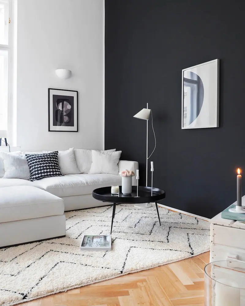 salon minimaliste noir blanc scandinave