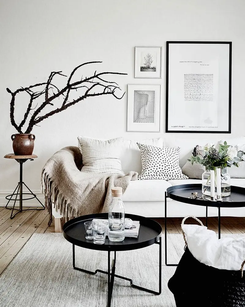salon minimaliste scandinave noir blanc