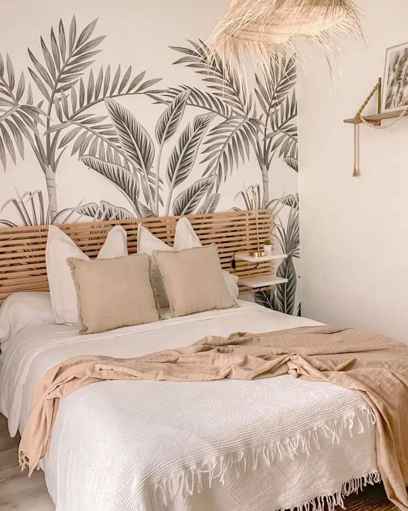 deco chambre tropicale boheme blanc bois clair