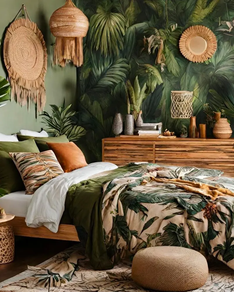 deco chambre tropicale boheme vert