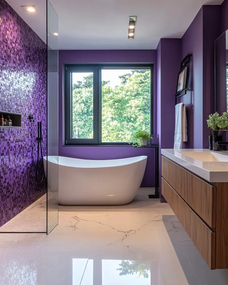 mur violet deco salle de bain
