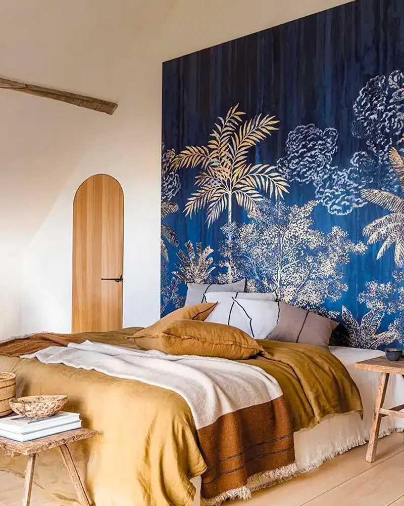 deco chambre tropicale bleu ocre