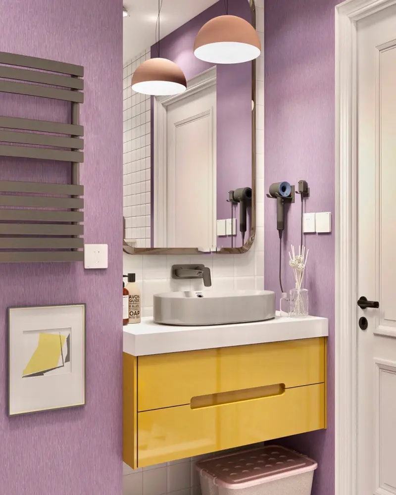 deco salle de bain violet jaune