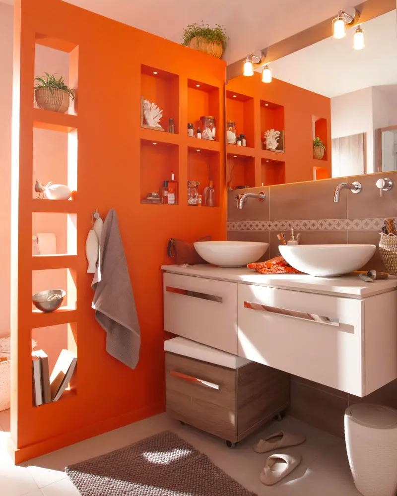 deco salle de bain mur rangement orange