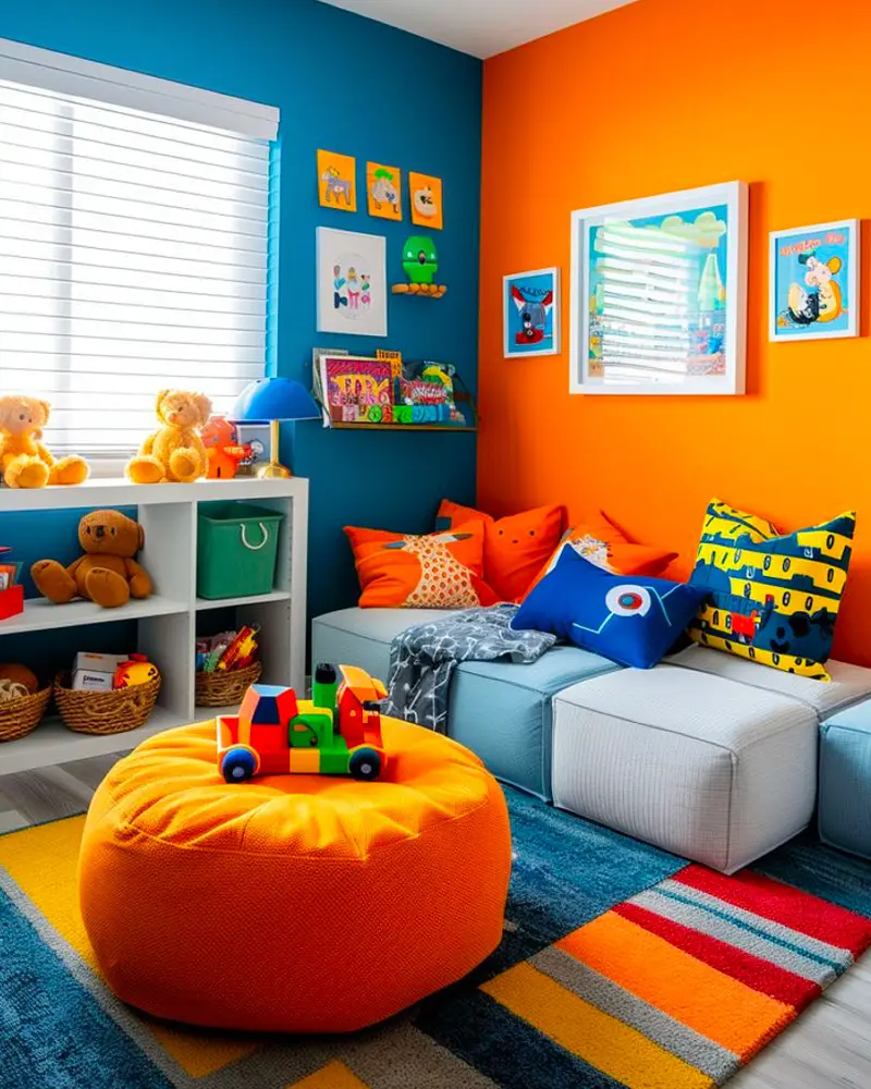 deco chambre enfant moderne orange bleu