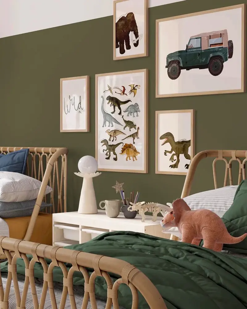 deco chambre enfant dinosaure vert kaki rotin