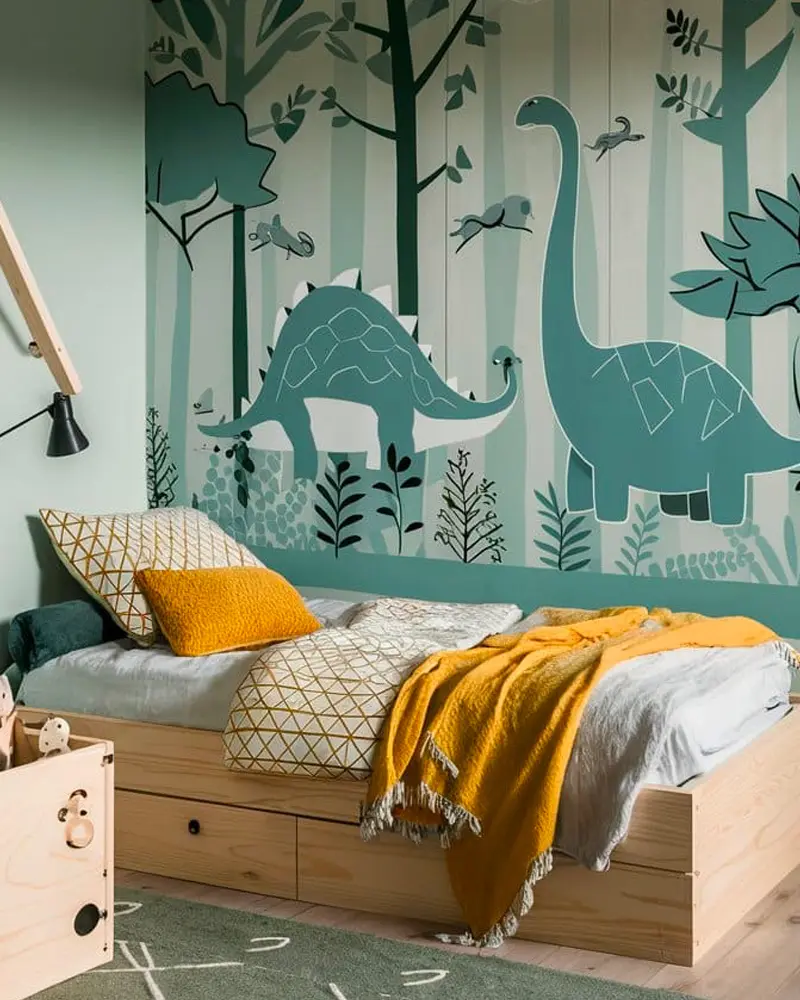 papier peint dinosaure vert deco chambre enfant