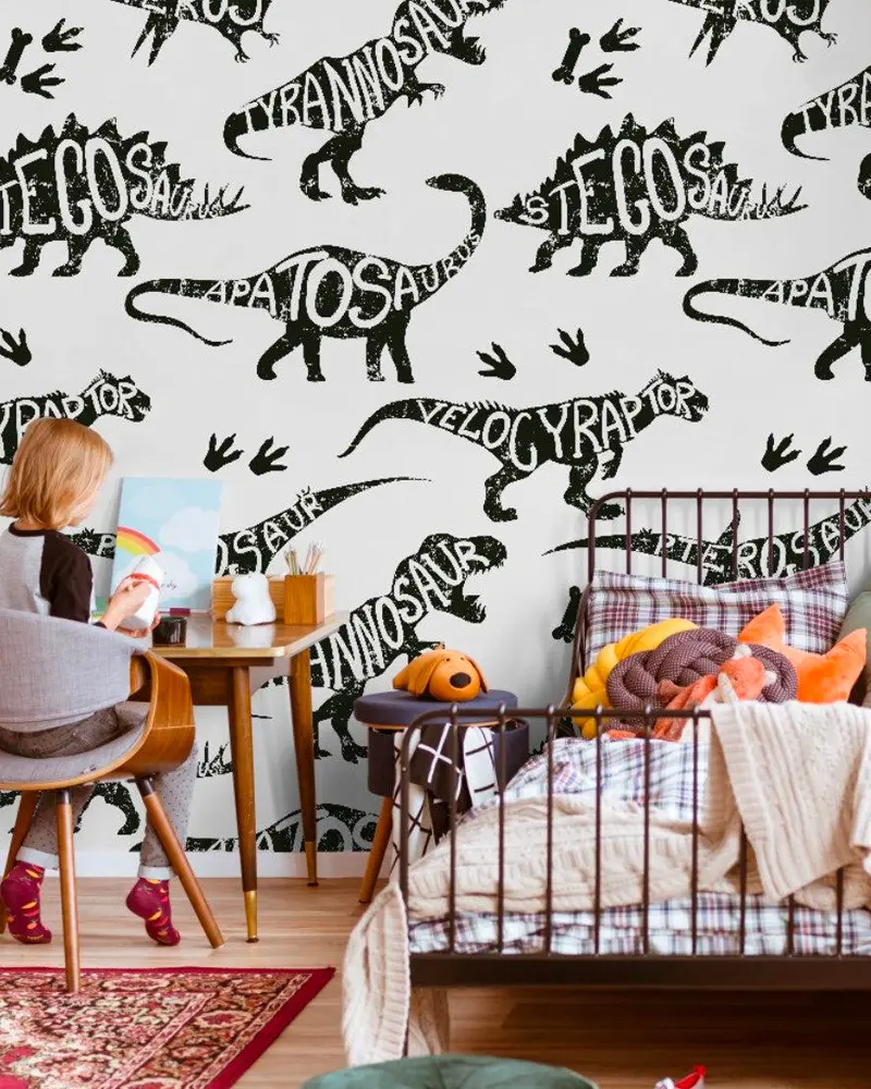 deco chambre enfant dinosaure noir blanc