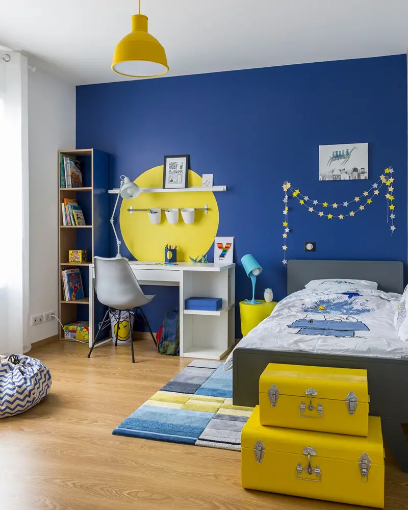 deco chambre enfant moderne jaune bleu