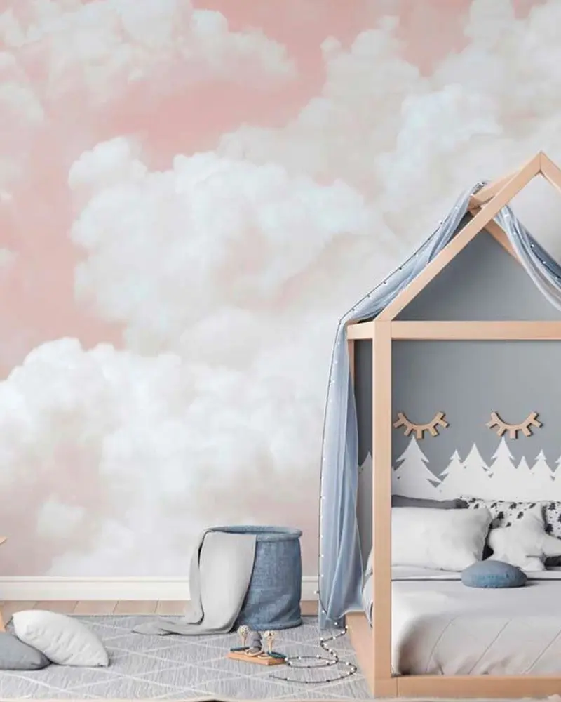 deco chambre enfant papier peint nuage rose