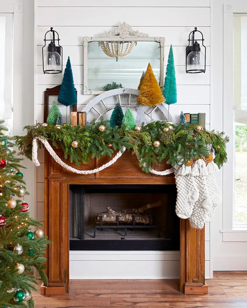 deco cheminee noel nature vert bois