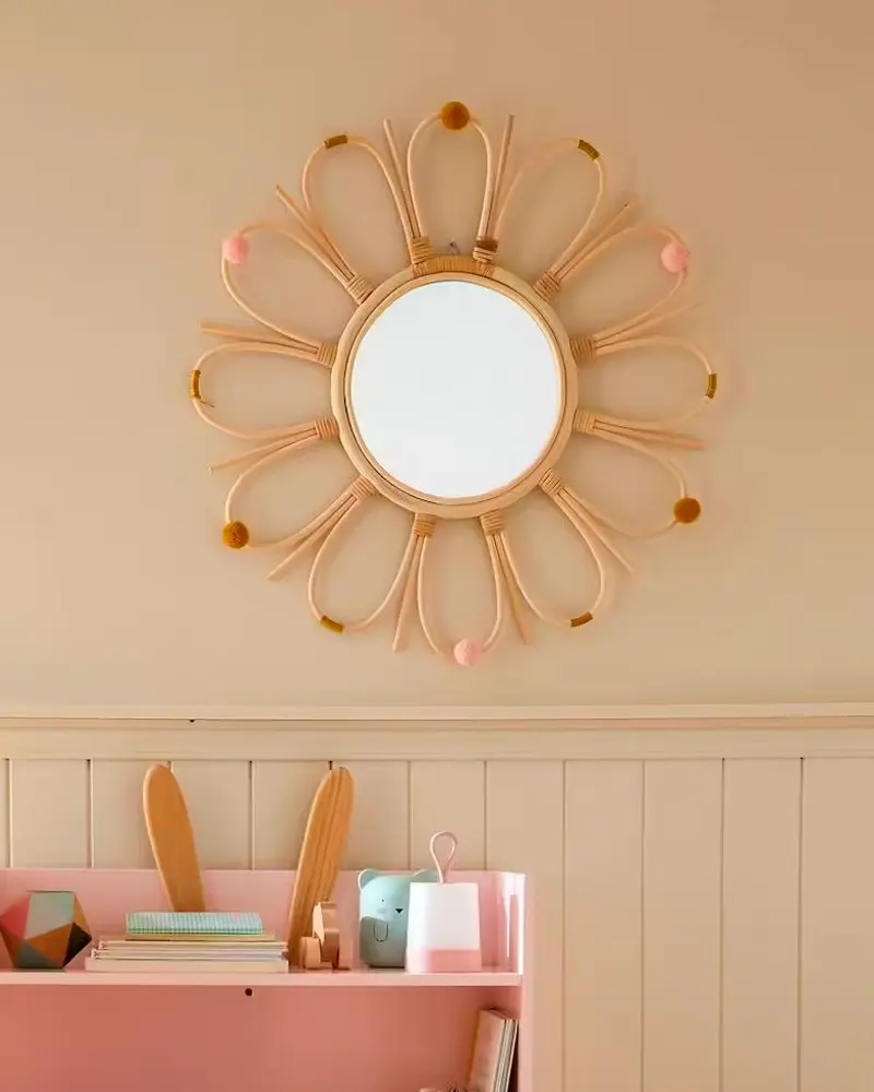 miroir enfant fleur rotin pompons