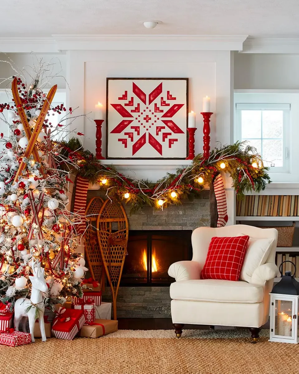 deco salon rouge bois noel