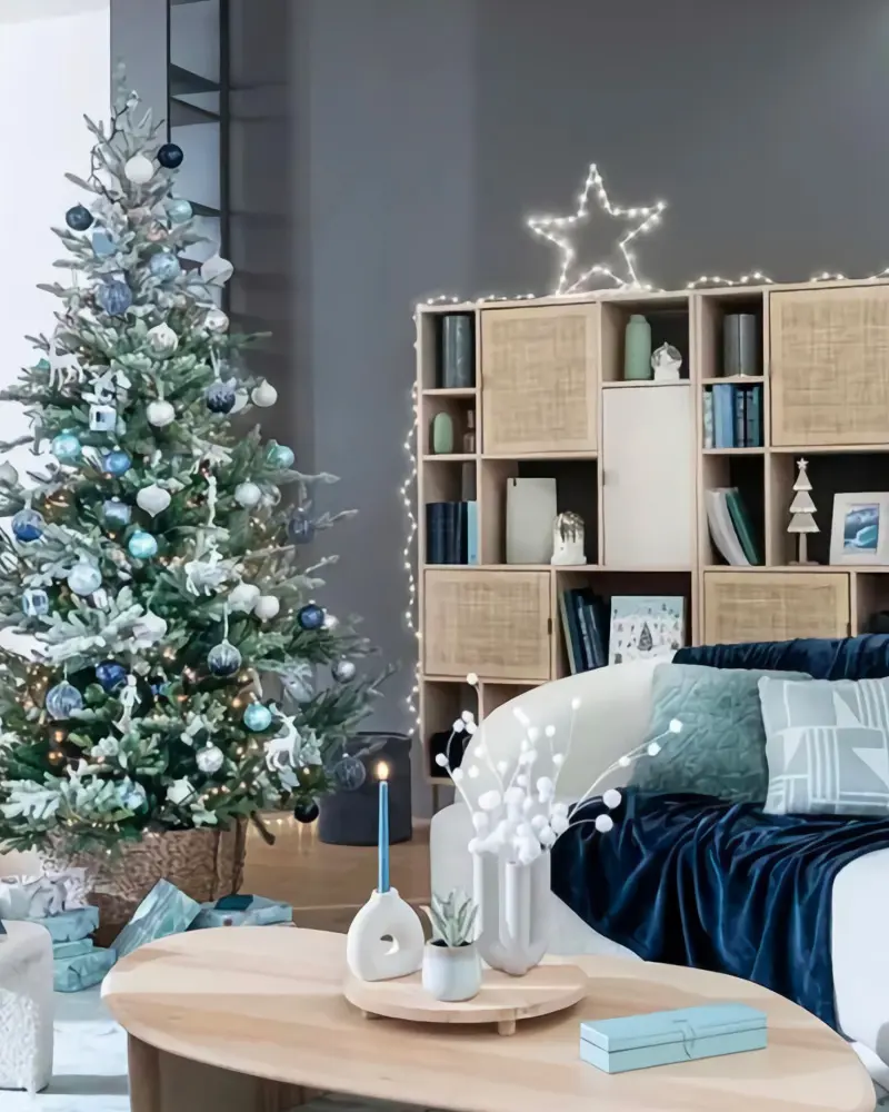 deco salon noel scandinave bleu bois