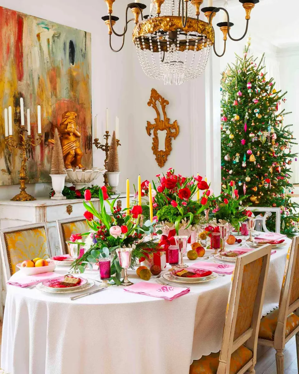 deco table noel rose rouge dore