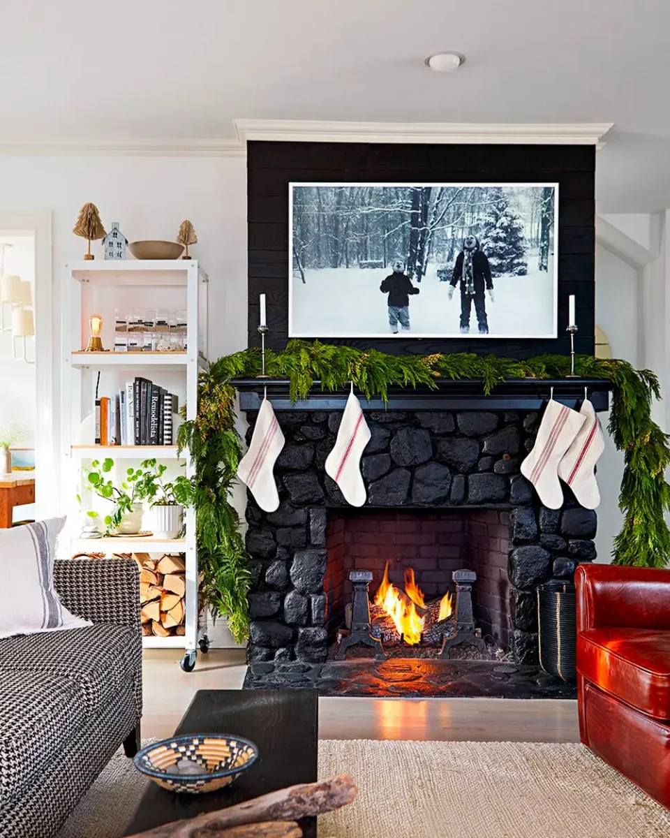 deco cheminee noel noir blanc