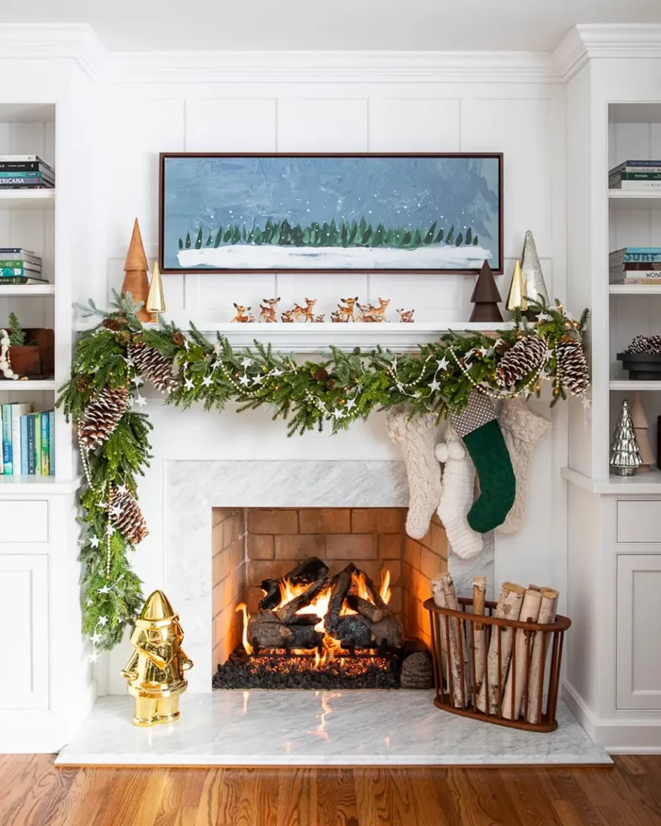 deco cheminee noel vert blanc