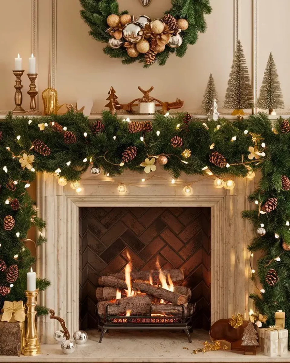 deco cheminee noel dore sapin