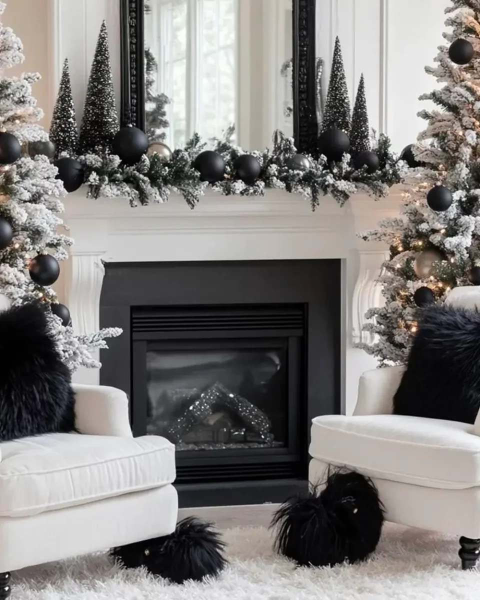 deco cheminee noel noir blanc