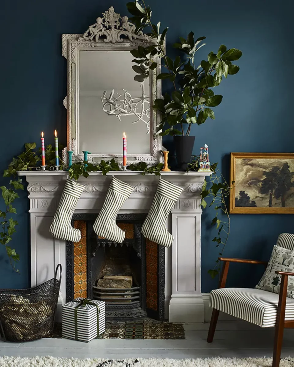 deco cheminee vert bleu noel