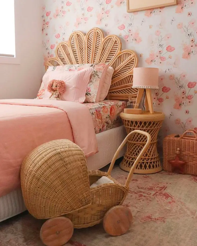 deco chambre enfant boheme rose rotin