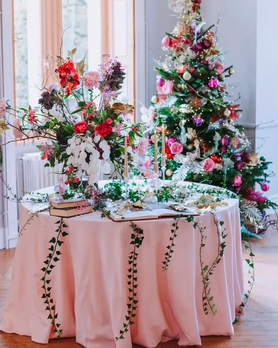 deco table noel florale rose