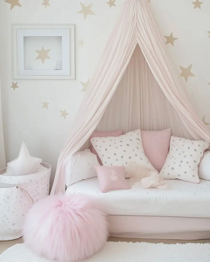 deco chambre enfant princesse rose blanc dore