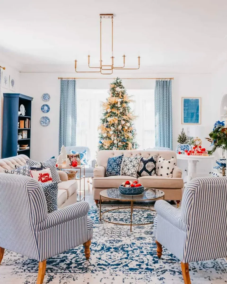 deco salon noel bleu blanc