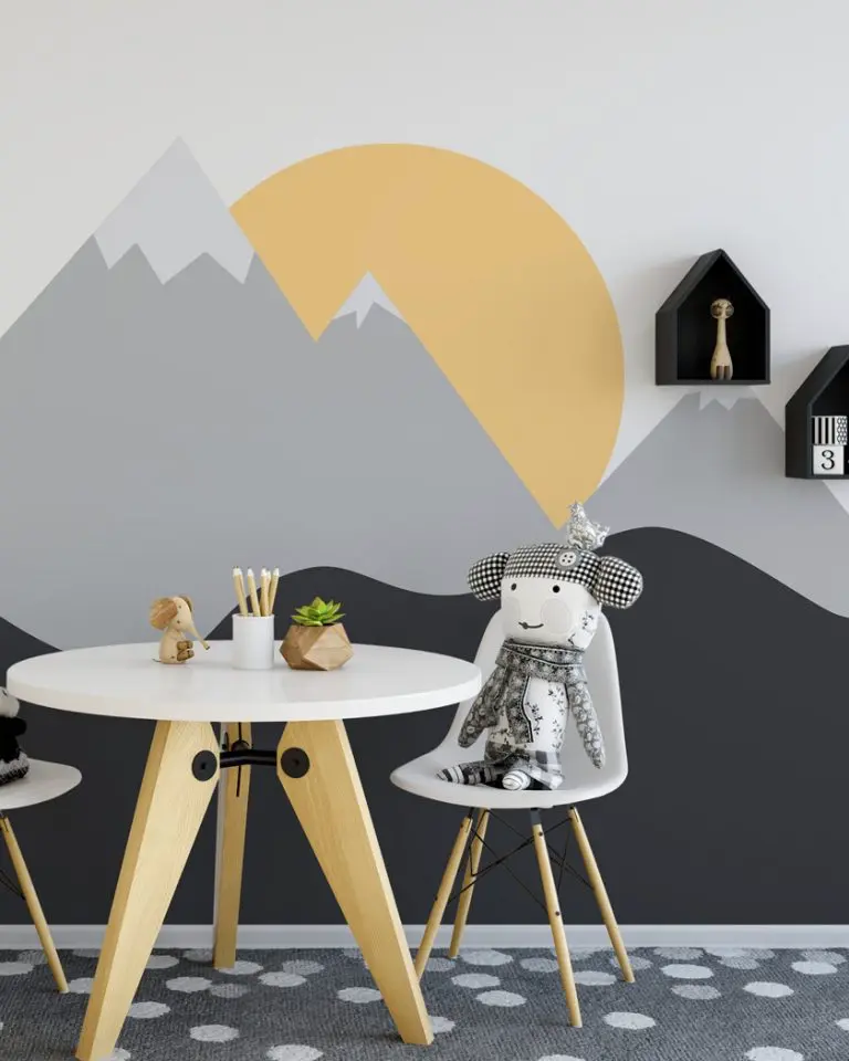 mur montagne deco chambre enfant papier sticker moderne gris jaune
