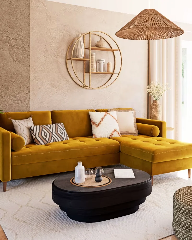 Canapé d'angle en velours jaune Maisons du Monde