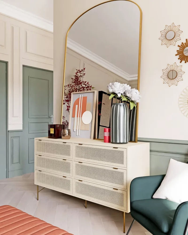 Commode dorée en cannage 6 tiroirs Maisons du Monde
