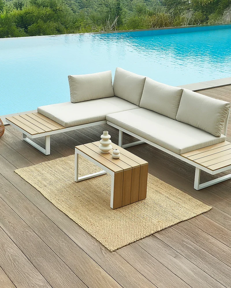 Salon de jardin d'angle blanc et bois MYLIA