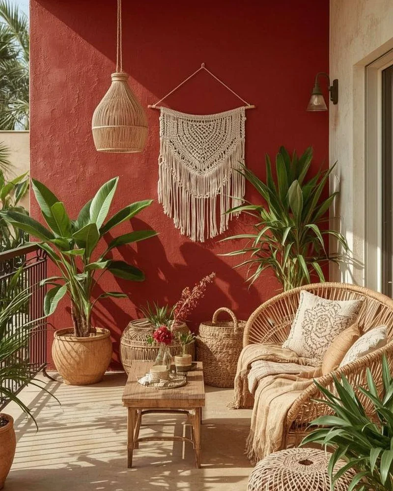 18 deco terrasse boheme mur terracotta rotin