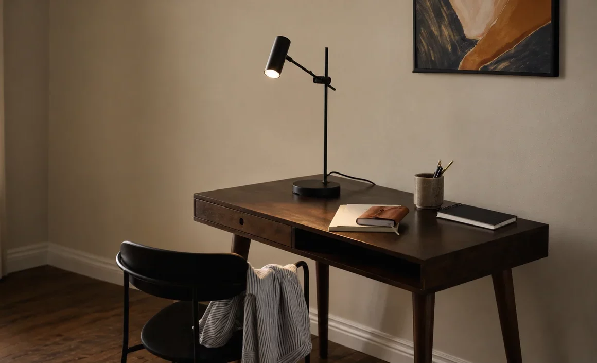 Lampe de bureau design posée sur un bureau moderne avec un éclairage fonctionnel