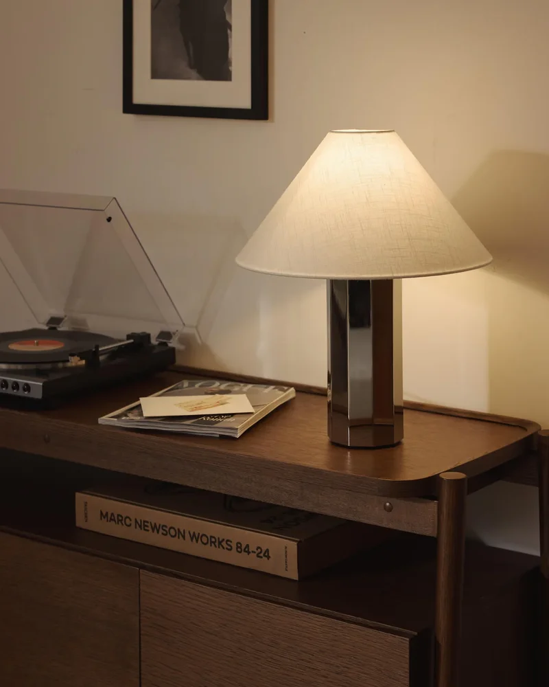 lampe pied metal chrome abat jour tissu