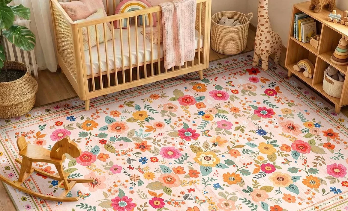 Tapis coloré lavable en machine posé dans une chambre d'enfant