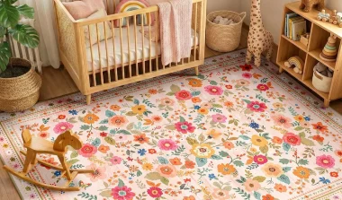 Tapis coloré lavable en machine posé dans une chambre d'enfant