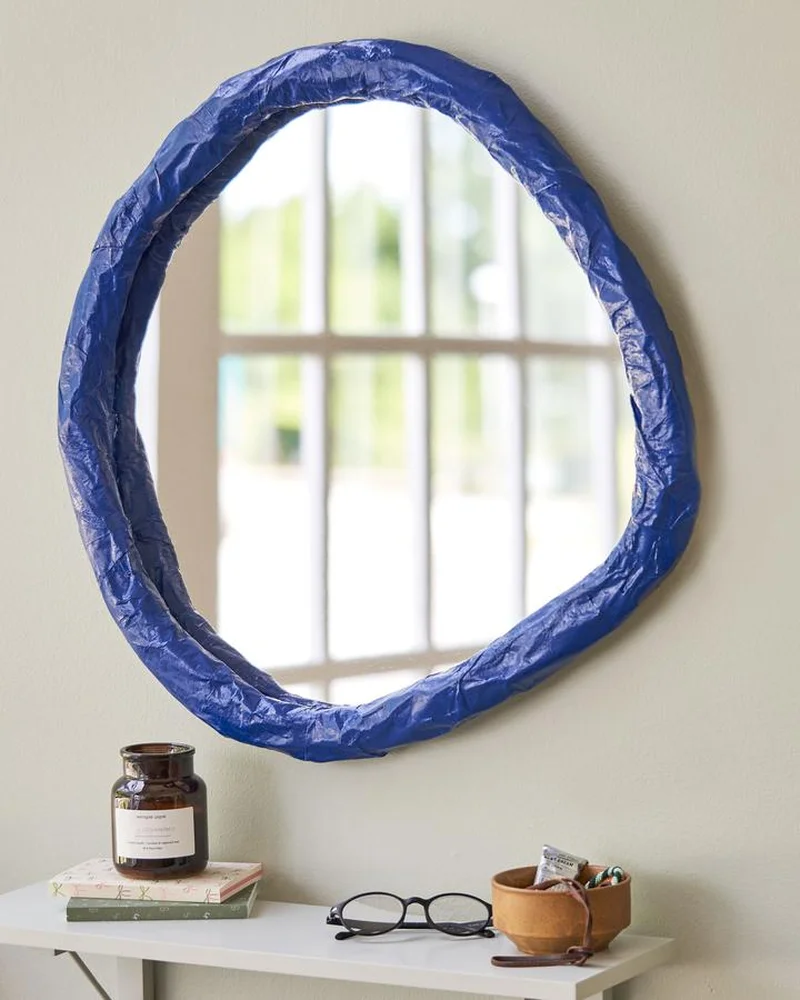 miroir diy papier mache bleu